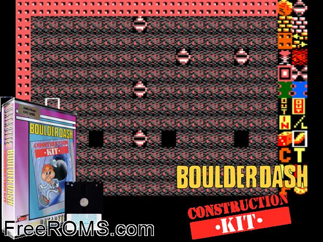 Boulder Dash Construction Kit (UK) (1986) Amstrad CPC game showing 3D box cover and gameplay screenshot