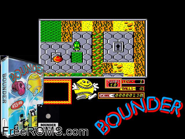 Bounder (UK) (1986) Amstrad CPC game showing 3D box cover and gameplay screenshot