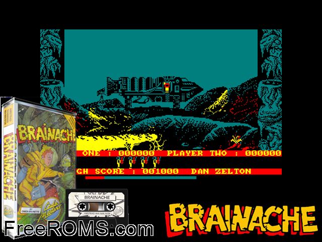 Brainache (UK) (1987) Amstrad CPC game showing 3D box cover and gameplay screenshot