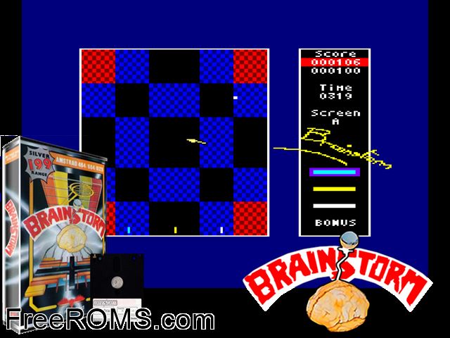 Brainstorm (UK) (1987) Amstrad CPC game showing 3D box cover and gameplay screenshot