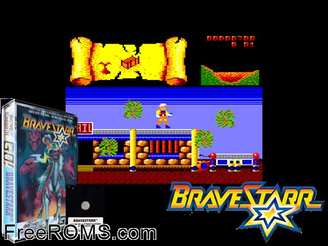 Bravestarr (UK) (1987) Amstrad CPC game showing 3D box cover and gameplay screenshot