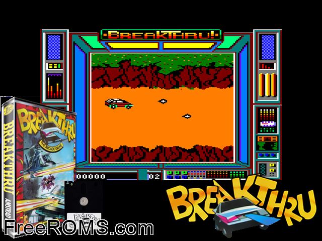 Breakthru (UK) (1986) Amstrad CPC game showing 3D box cover and gameplay screenshot