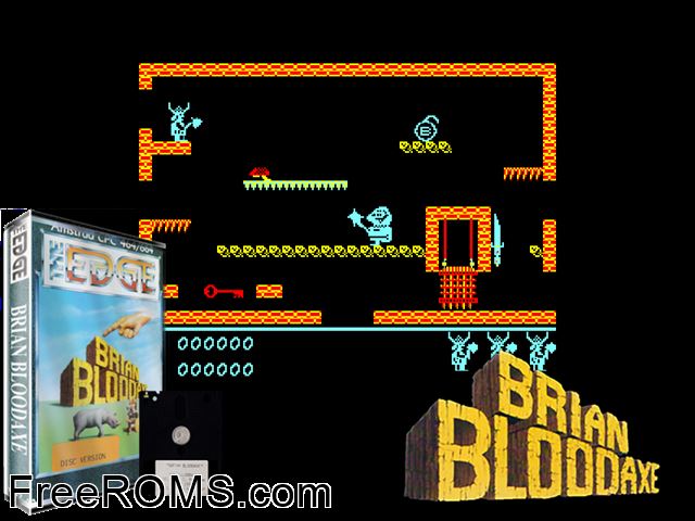 Brian Bloodaxe (UK) (1985) Amstrad CPC game showing 3D box cover and gameplay screenshot