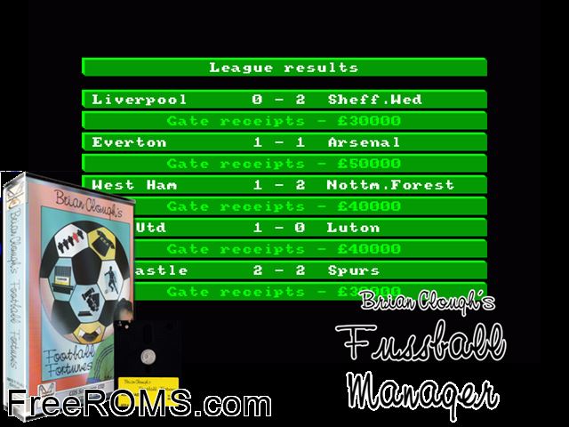 Brian Clough's Football Manager (G) (1987) Amstrad CPC game showing 3D box cover and gameplay screenshot