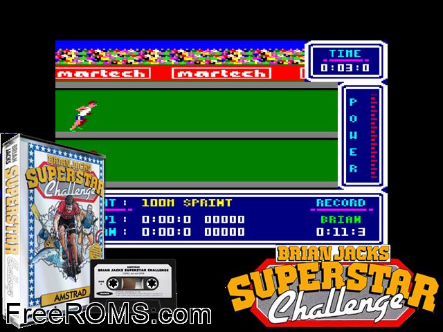 Brian Jack Superstar Challenge (UK) (1985) Amstrad CPC game showing 3D box cover and gameplay screenshot