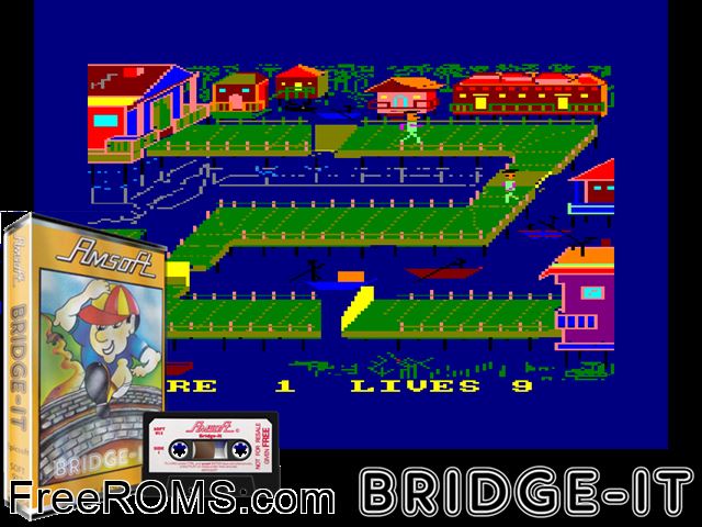 Bridge It (UK) (1984) Amstrad CPC game showing 3D box cover and gameplay screenshot