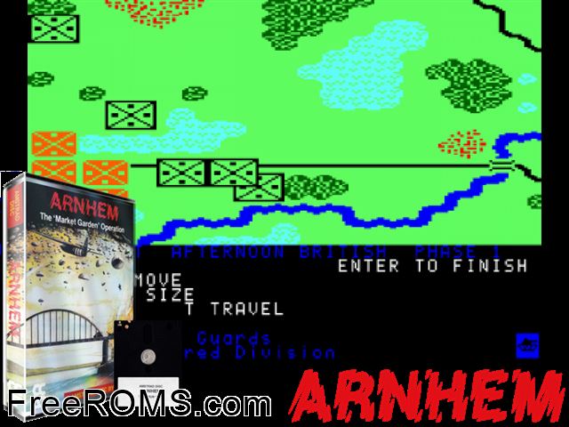 Bridge of Arnhem, The (UK) (1985) Amstrad CPC game showing 3D box cover and gameplay screenshot
