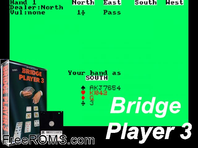 Bridge Player 3 (UK) (1985) Amstrad CPC game showing 3D box cover and gameplay screenshot