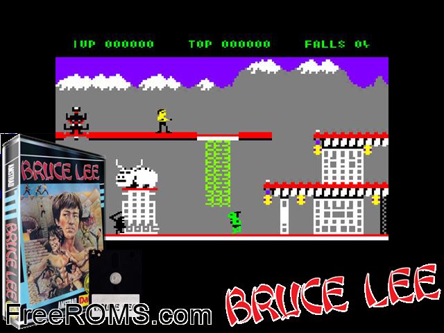 Bruce Lee (UK) (1984) Amstrad CPC game showing 3D box cover and gameplay screenshot