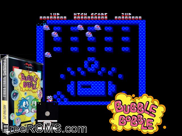 Bubble Bobble (UK) (1987) Amstrad CPC game showing 3D box cover and gameplay screenshot