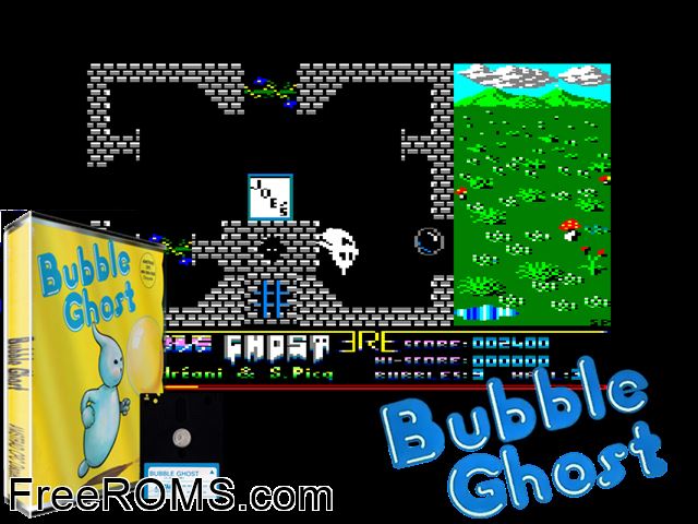 Bubble Ghost (F) (1988) Amstrad CPC game showing 3D box cover and gameplay screenshot