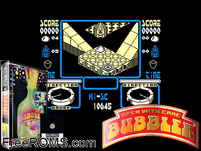Bubbler (UK) (1987) Amstrad CPC game showing 3D box cover and gameplay screenshot