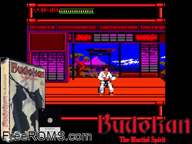 Budokan - The Martial Spirit (UK) (1990) (Disk 1 of 2) Amstrad CPC game showing 3D box cover and gameplay screenshot