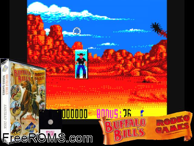 Buffalo Bill's Wild West Show (UK) (1989) Amstrad CPC game showing 3D box cover and gameplay screenshot