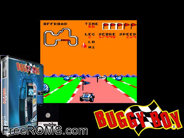 Buggy Boy (UK) (1987) Amstrad CPC game showing 3D box cover and gameplay screenshot
