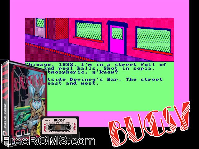 Bugsy (UK) (1986) Amstrad CPC game showing 3D box cover and gameplay screenshot