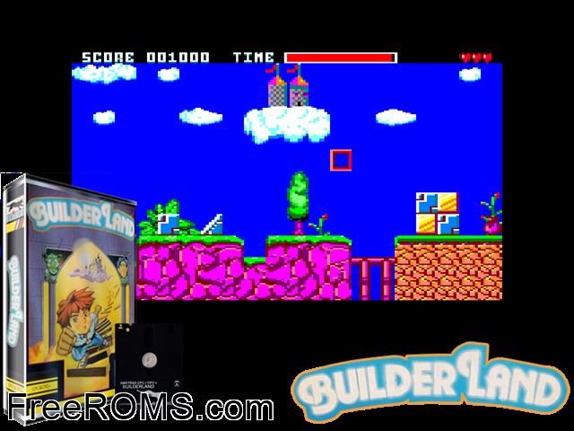 Builderland (UK) (1991) Amstrad CPC game showing 3D box cover and gameplay screenshot