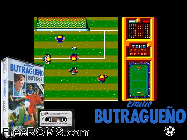 Buitre - Emilio Butrageno Futbol (S) (1988) Amstrad CPC game showing 3D box cover and gameplay screenshot