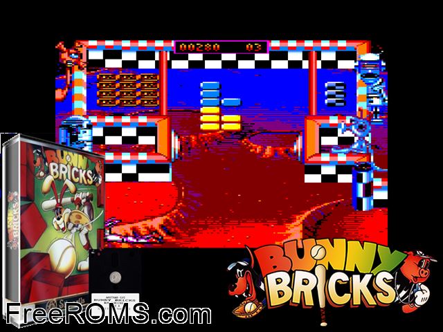 Bunny Bricks (UK) (1992) Amstrad CPC game showing 3D box cover and gameplay screenshot