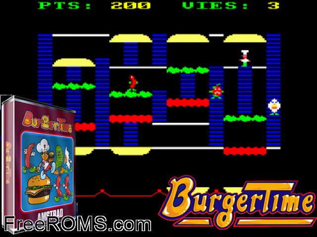 Burger Time (F) (19xx) Amstrad CPC game showing 3D box cover and gameplay screenshot