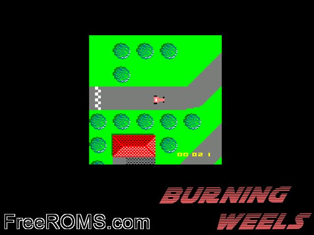 Burning Wheels, The (UK) (1987) (PD) Amstrad CPC game showing 3D box cover and gameplay screenshot