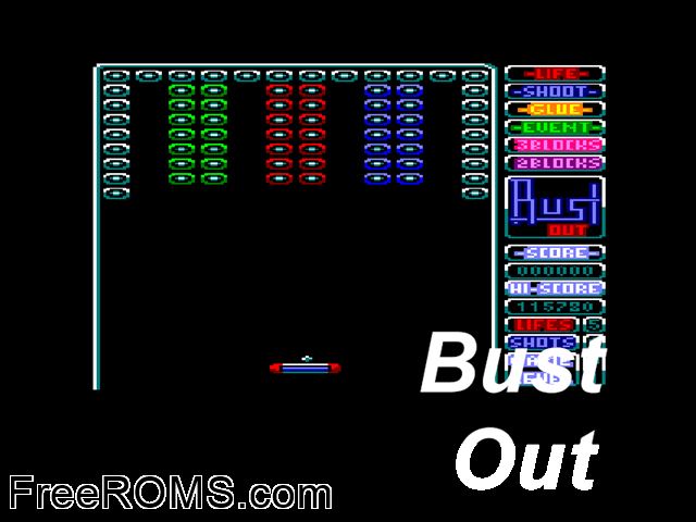 Bust Out (UK) (19xx) Amstrad CPC game showing 3D box cover and gameplay screenshot