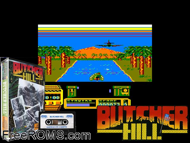 Butcher Hill (UK) (1988) Amstrad CPC game showing 3D box cover and gameplay screenshot