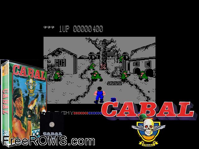 Cabal (UK) (1989) Amstrad CPC game showing 3D box cover and gameplay screenshot