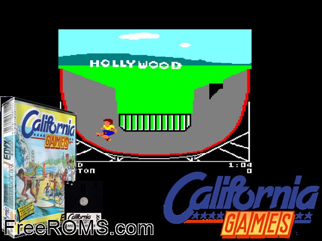 California Games (UK) (1987) (Disk 1 of 2) Amstrad CPC game showing 3D box cover and gameplay screenshot
