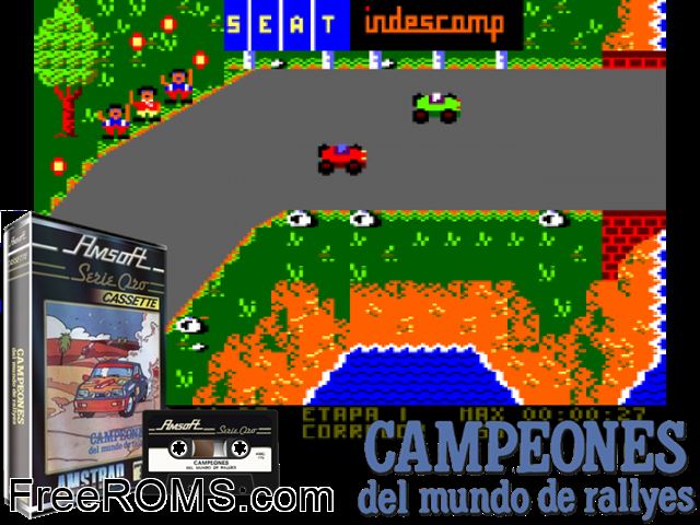 Campeon Rally - Campeones (S) (1985) Amstrad CPC game showing 3D box cover and gameplay screenshot