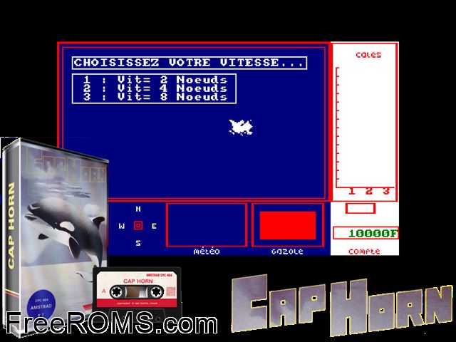 Cap Horn (F) (1985) Amstrad CPC game showing 3D box cover and gameplay screenshot