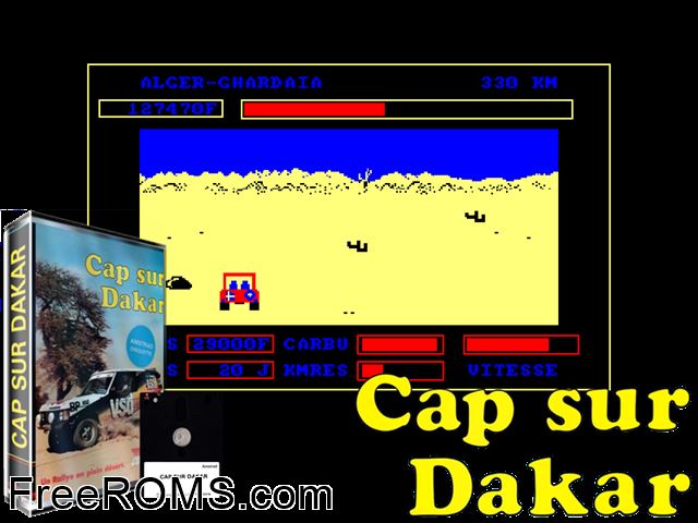 Cap Sur Dakar (F) (1986) Amstrad CPC game showing 3D box cover and gameplay screenshot
