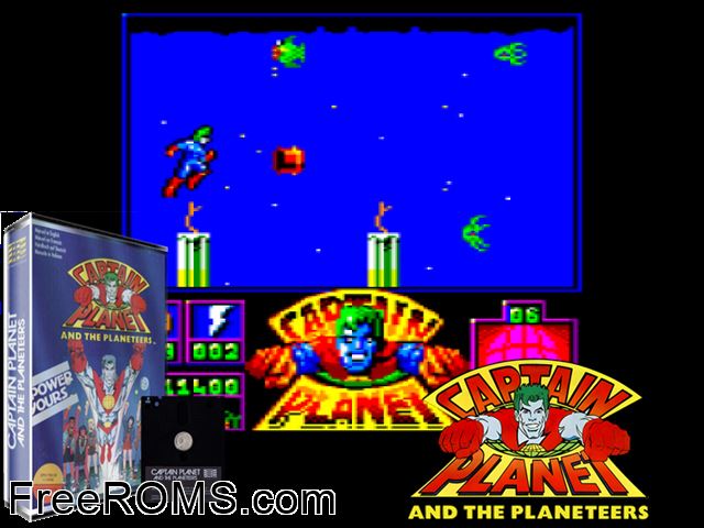 Captain Planet (UK) (1990) Amstrad CPC game showing 3D box cover and gameplay screenshot