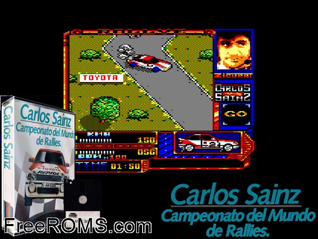 Carlos Sainz (S) (1990) Amstrad CPC game showing 3D box cover and gameplay screenshot