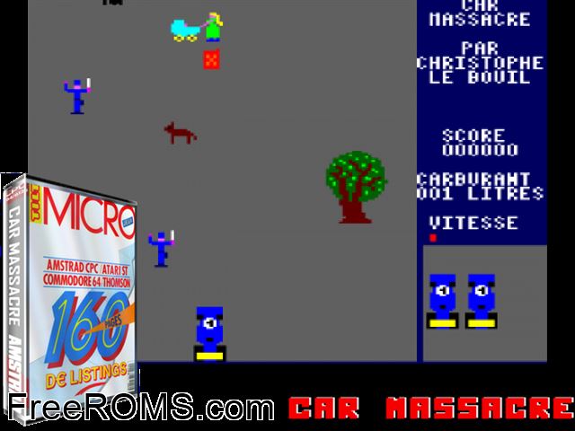 Car Massacre (F) (19xx) Amstrad CPC game showing 3D box cover and gameplay screenshot