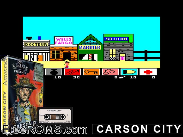 Carson City (F) (1986) Amstrad CPC game showing 3D box cover and gameplay screenshot