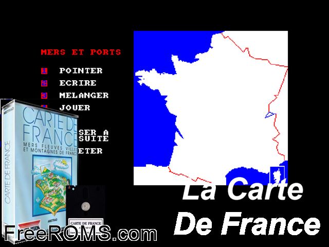 Carte de France, La (F) (19xx) Amstrad CPC game showing 3D box cover and gameplay screenshot
