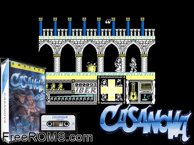 Casanova (S) (1989) Amstrad CPC game showing 3D box cover and gameplay screenshot