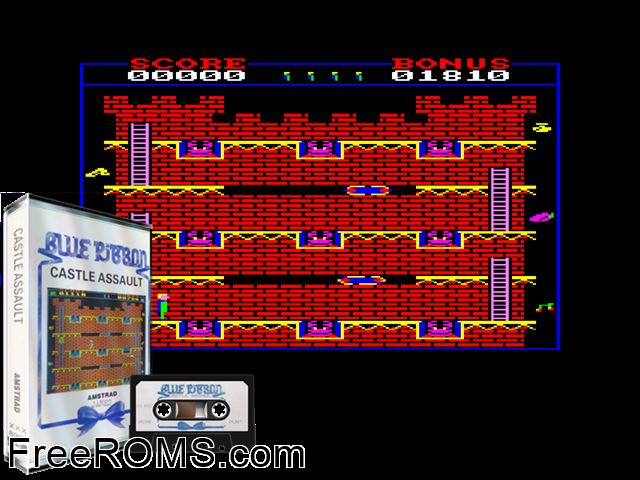 Castle Assault (UK) (1985) Amstrad CPC game showing 3D box cover and gameplay screenshot