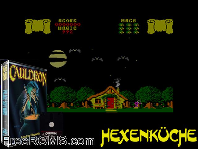 Cauldron (F) (1985) Amstrad CPC game showing 3D box cover and gameplay screenshot