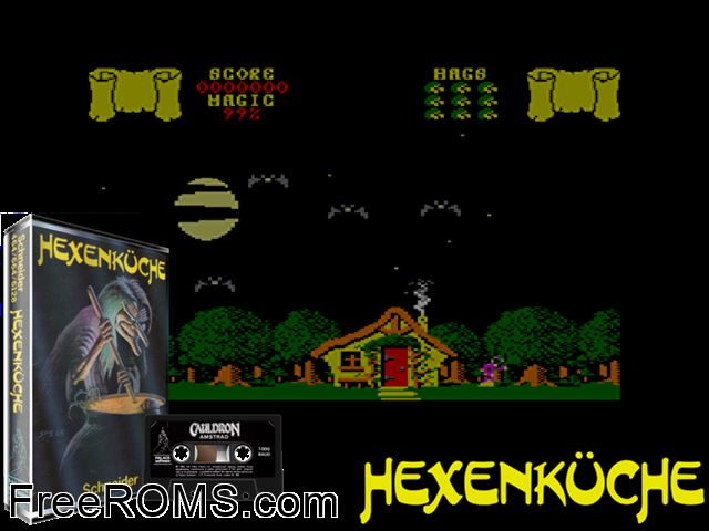 Cauldron (UK) (1985) Amstrad CPC game showing 3D box cover and gameplay screenshot
