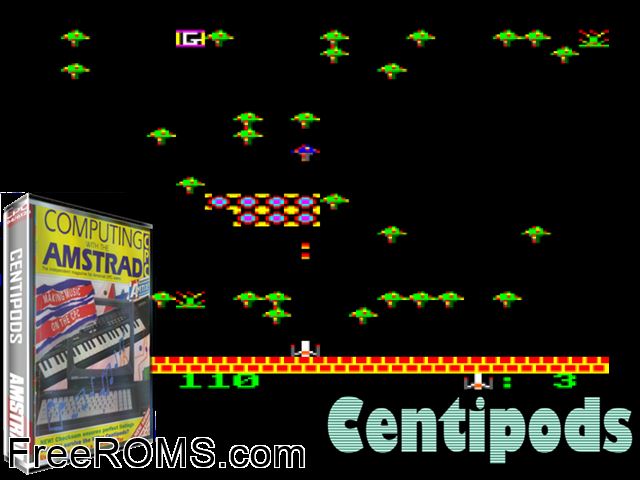 Centipods (UK) (1987) Amstrad CPC game showing 3D box cover and gameplay screenshot