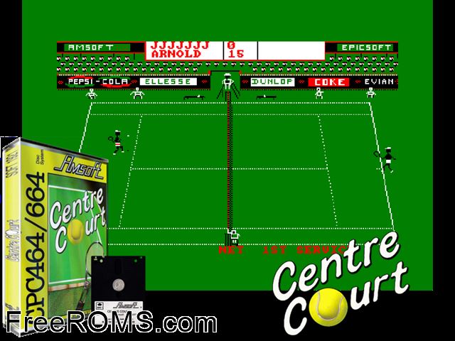 Centre Court Tennis (UK) (1985) Amstrad CPC game showing 3D box cover and gameplay screenshot