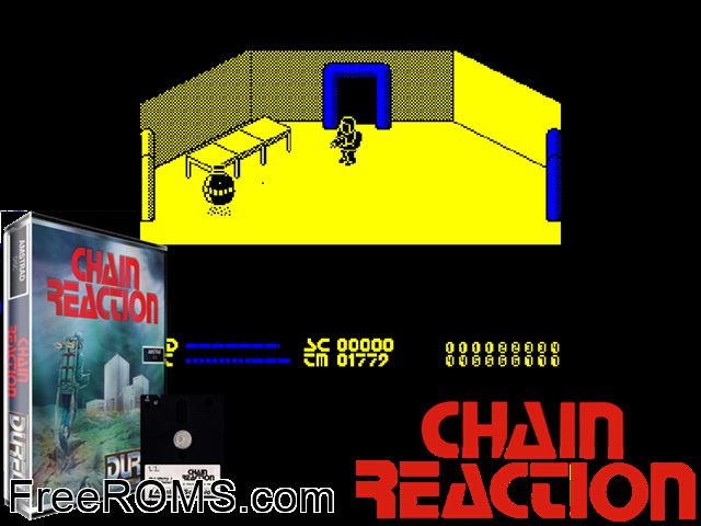 Chain Reaction (UK) (1988) Amstrad CPC game showing 3D box cover and gameplay screenshot