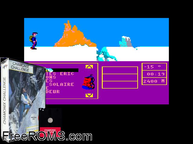Chamonix Challenge - Bivouac (G) (1987) Amstrad CPC game showing 3D box cover and gameplay screenshot