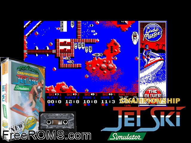 Championship Jet Ski Simulator (UK) (1989) Amstrad CPC game showing 3D box cover and gameplay screenshot