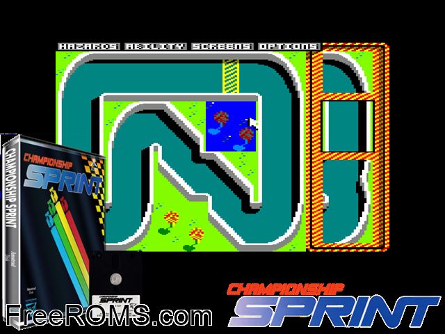Championship Sprint (UK) (1986) Amstrad CPC game showing 3D box cover and gameplay screenshot