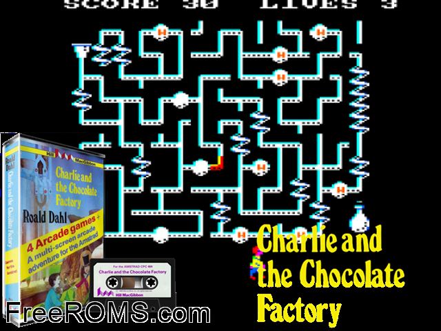 Charlie and the Chocolate Factory (UK) (1985) Amstrad CPC game showing 3D box cover and gameplay screenshot