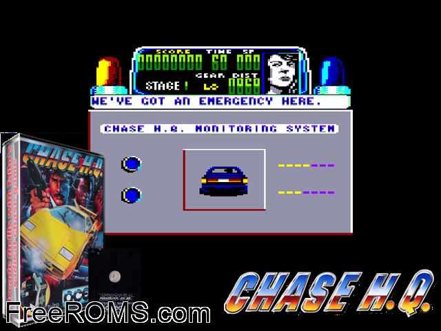Chase HQ (UK) (1989) Amstrad CPC game showing 3D box cover and gameplay screenshot