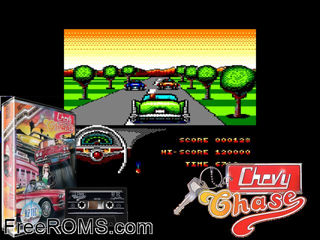 Chevy Chase (UK) (1991) Amstrad CPC game showing 3D box cover and gameplay screenshot